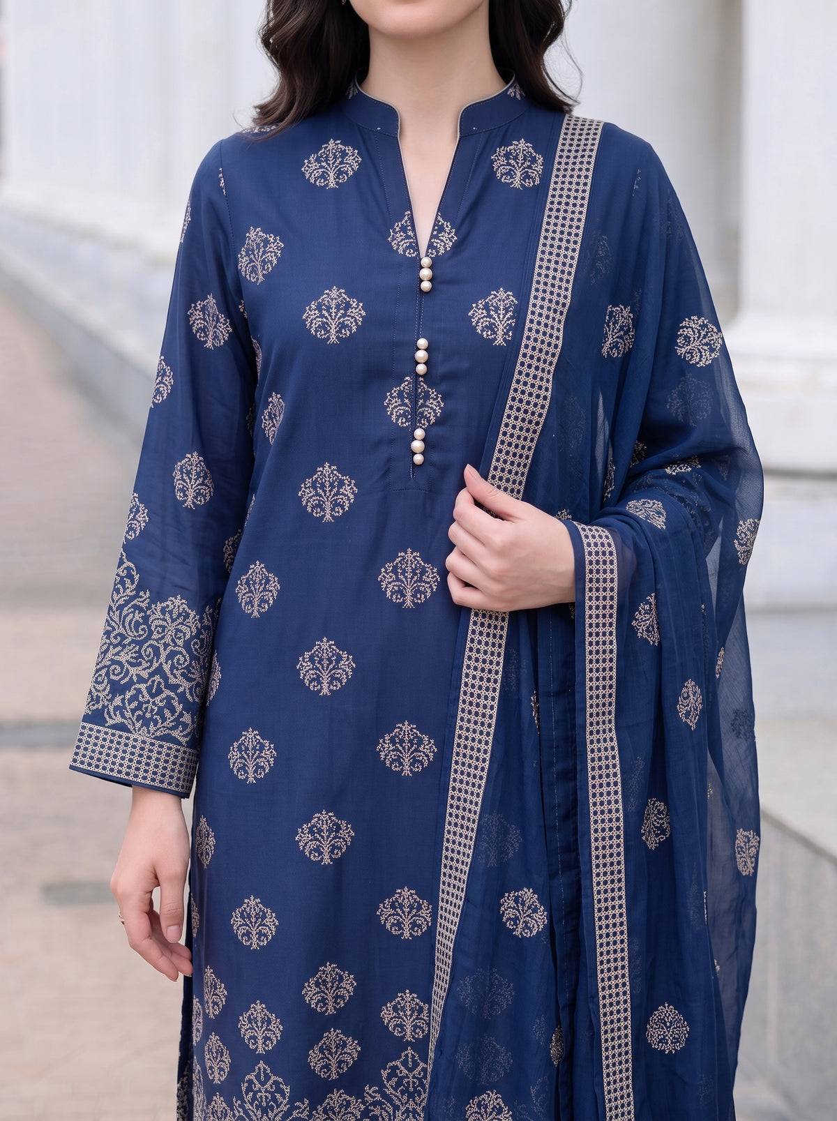 Navy Blue Motif Karandi