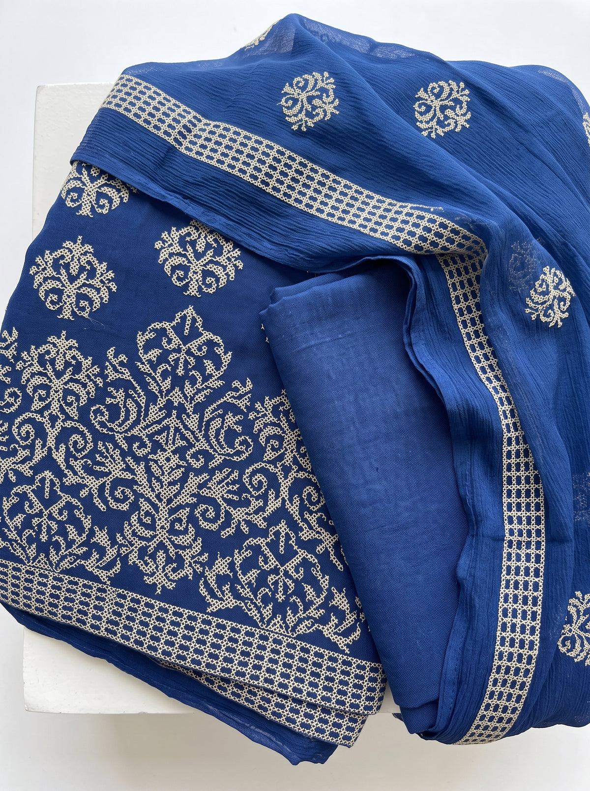 Navy Blue Motif Karandi