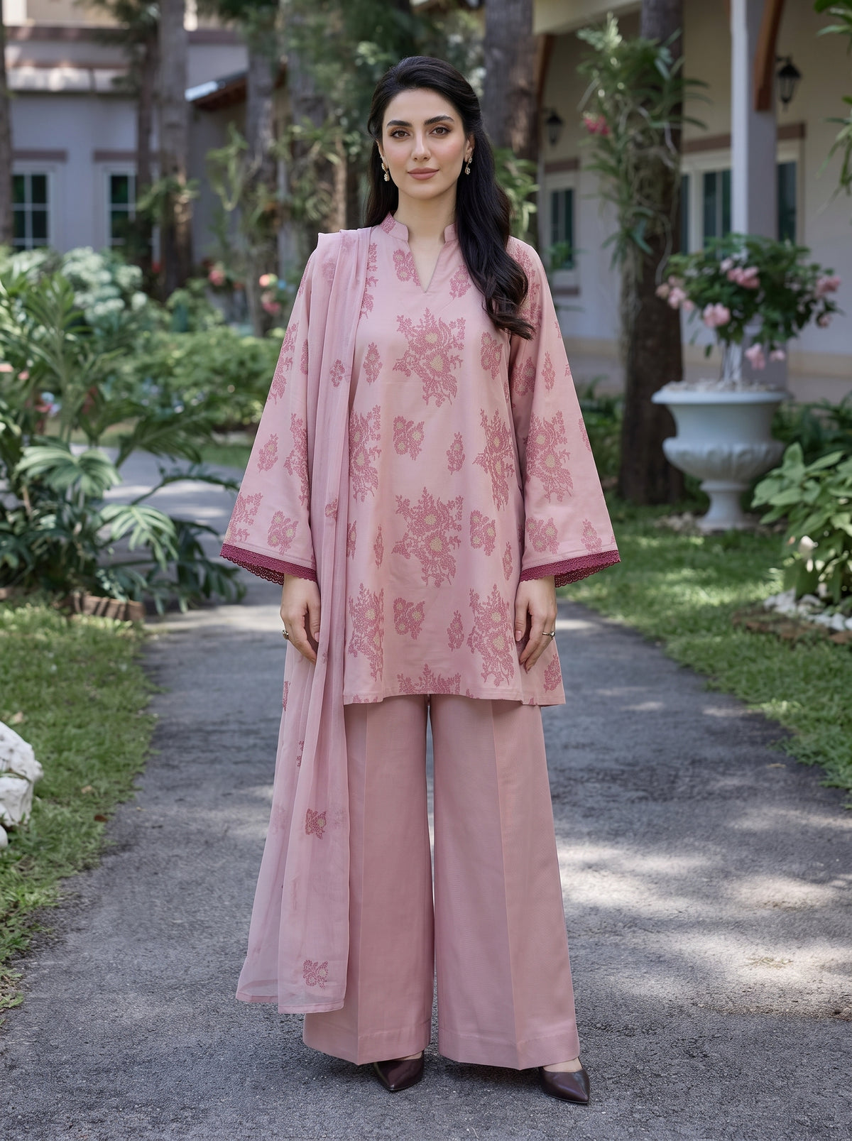 Pink Abstract Floral Embroidered Karandi