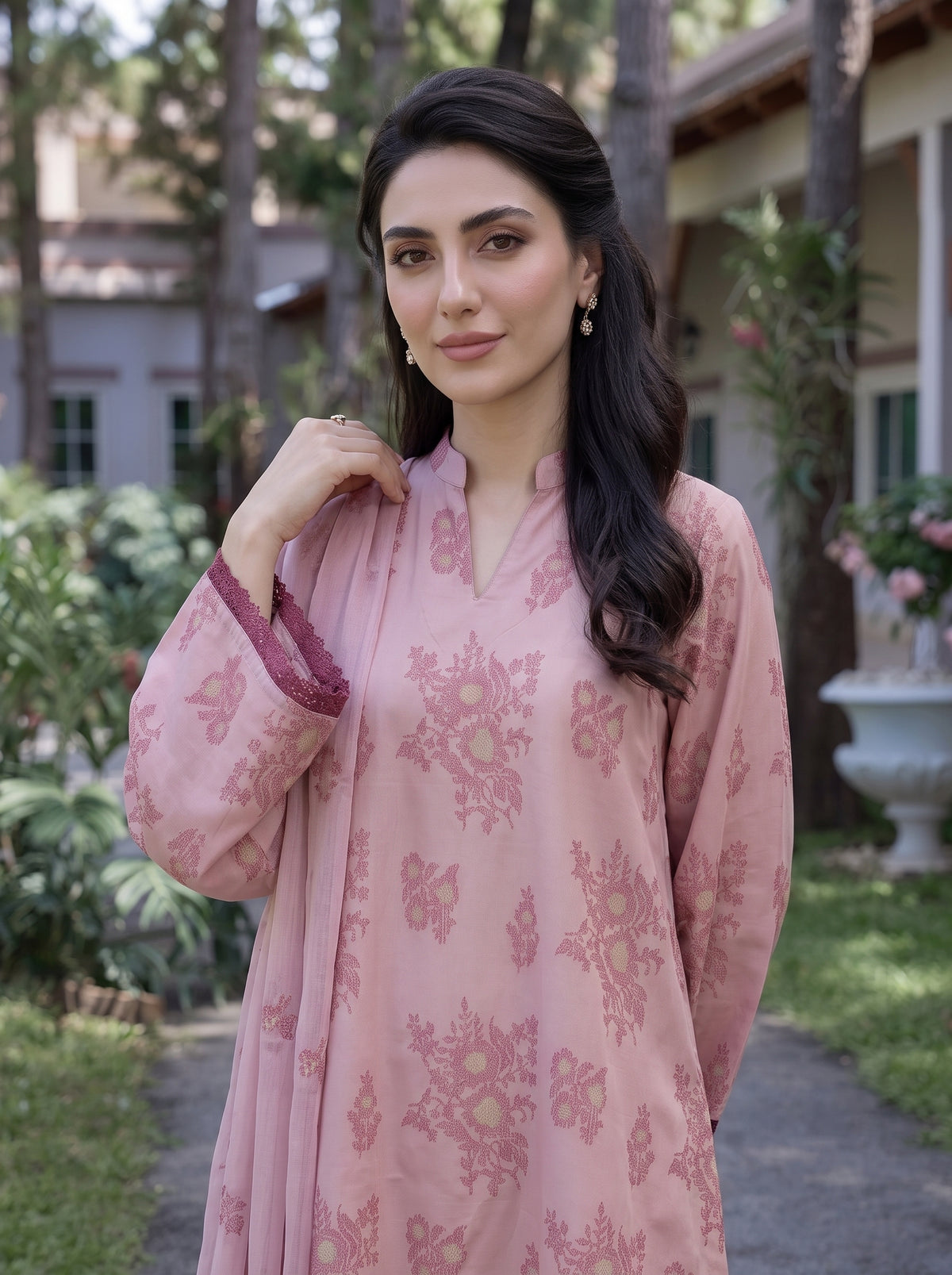 Pink Abstract Floral Embroidered Karandi