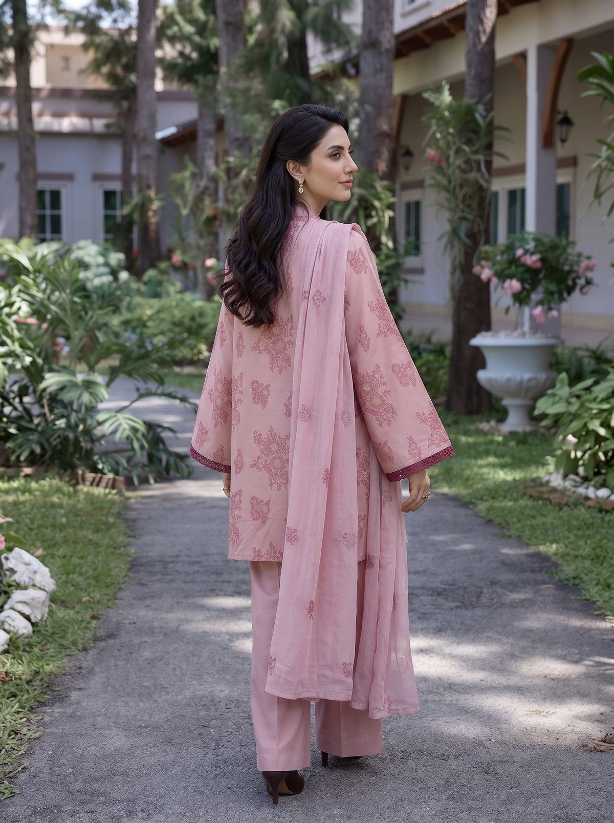 Pink Abstract Floral Embroidered Karandi