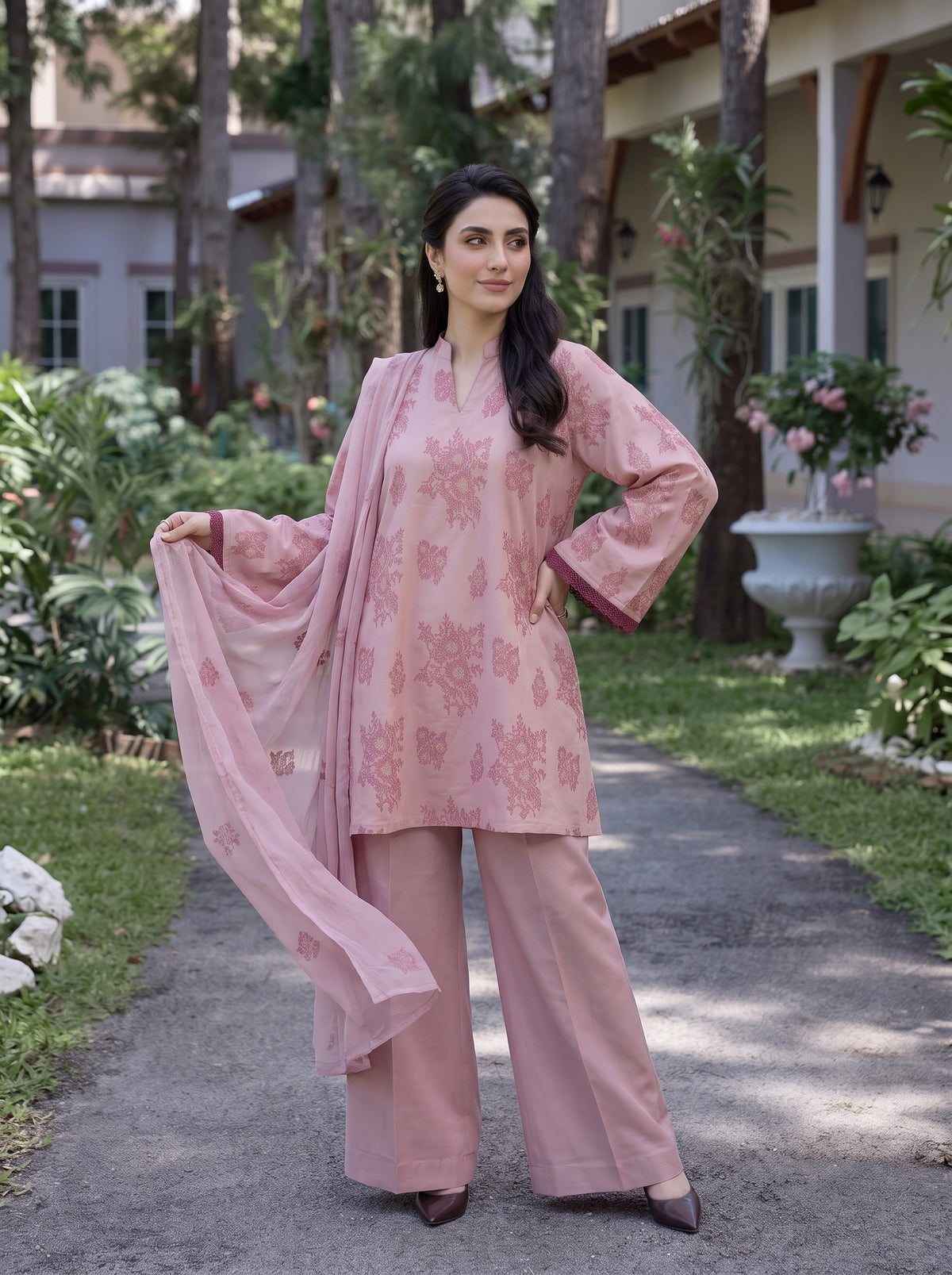 Pink Abstract Floral Embroidered Karandi