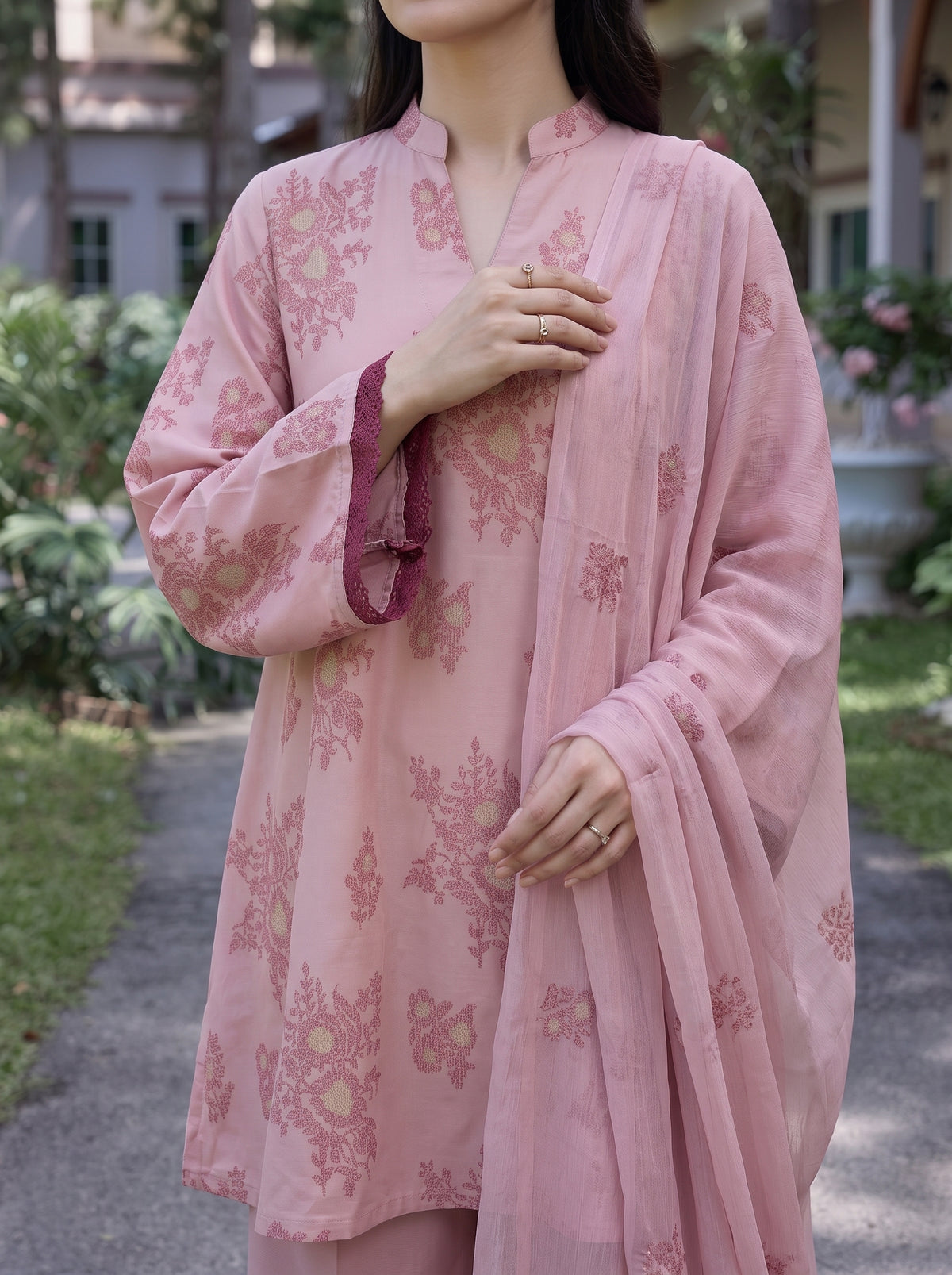Pink Abstract Floral Embroidered Karandi
