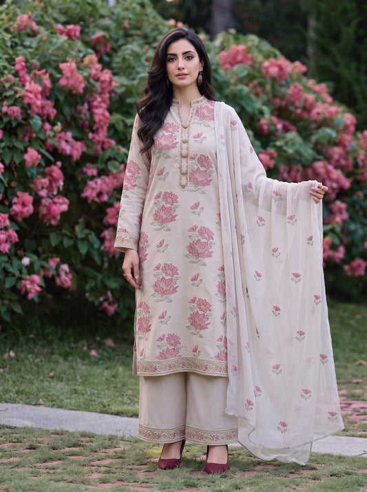 Rose Embroidered Beige Karandi