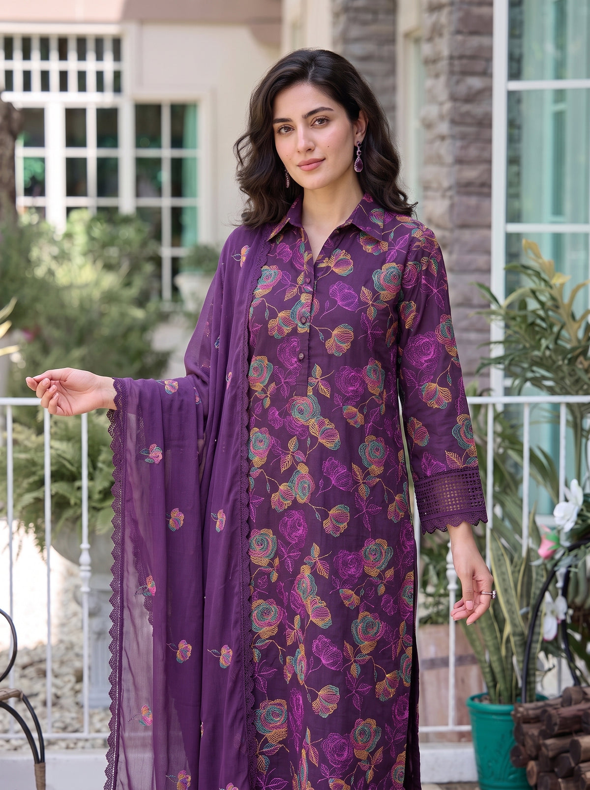 Purple Rose Embroidered Karandi 3Pc