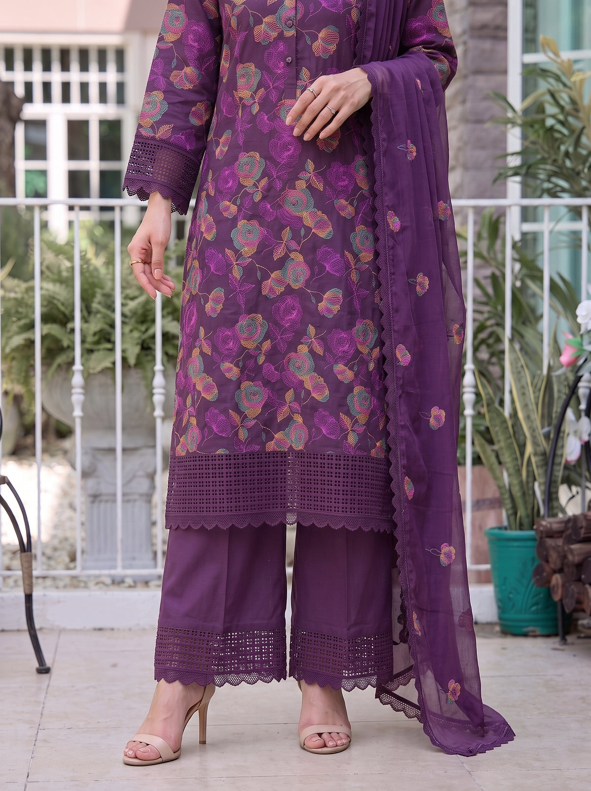 Purple Rose Embroidered Karandi 3Pc