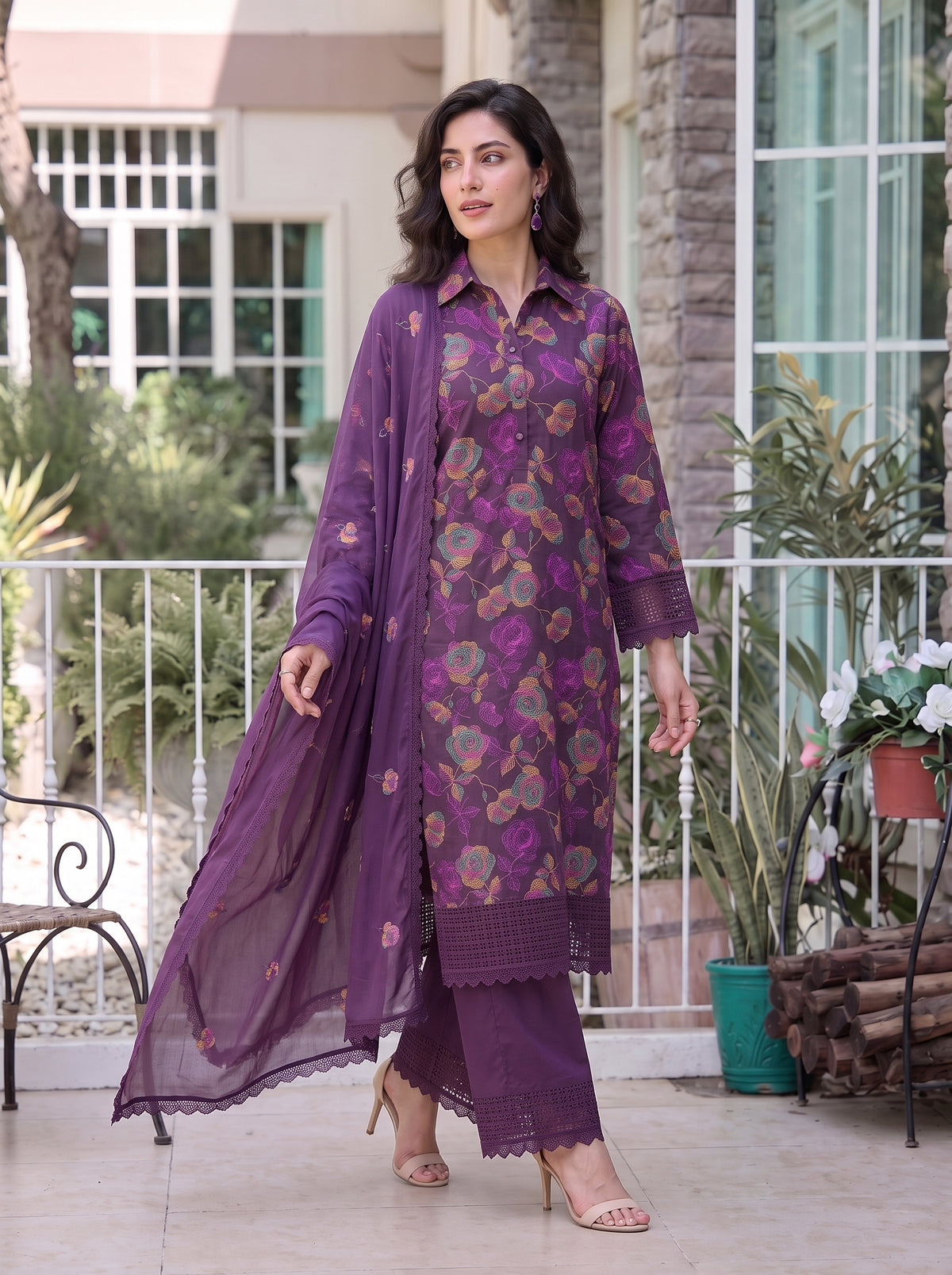 Purple Rose Embroidered Karandi 3Pc