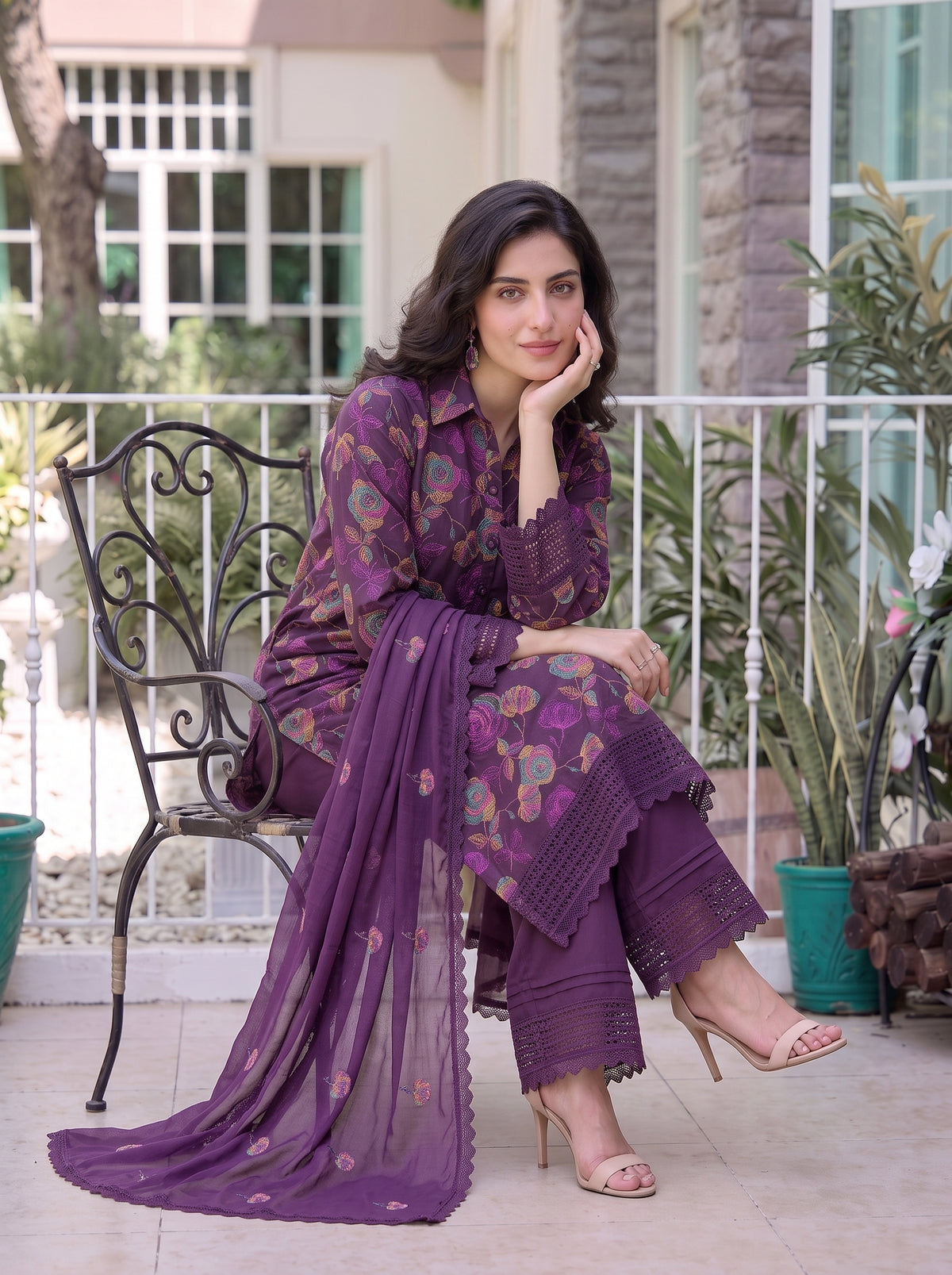 Purple Rose Embroidered Karandi 3Pc
