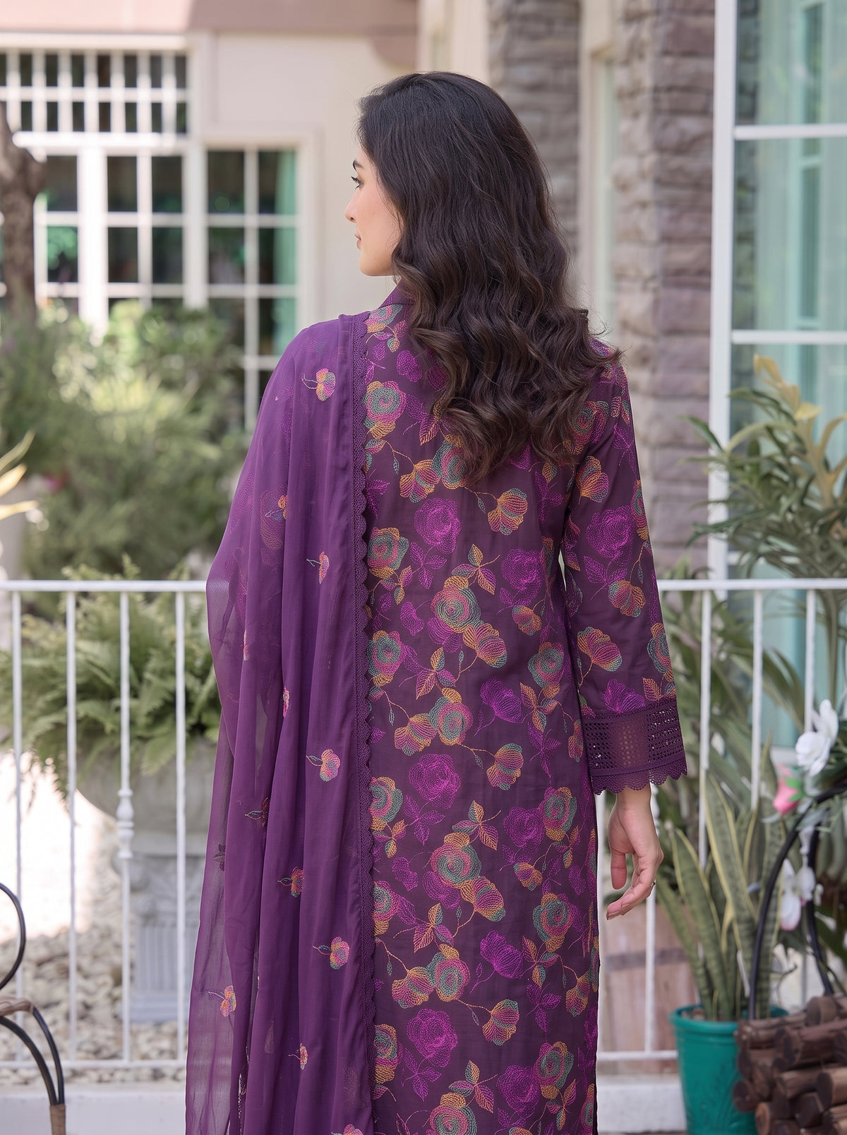 Purple Rose Embroidered Karandi 3Pc