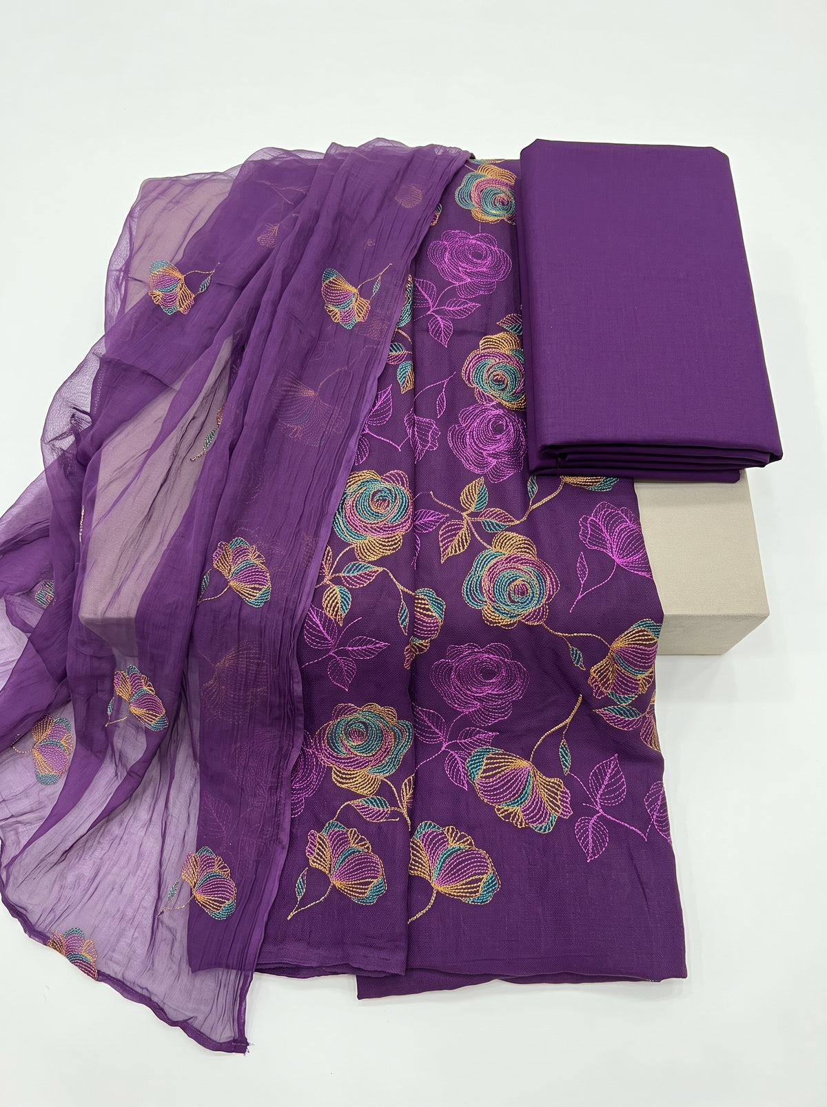 Purple Rose Embroidered Karandi 3Pc