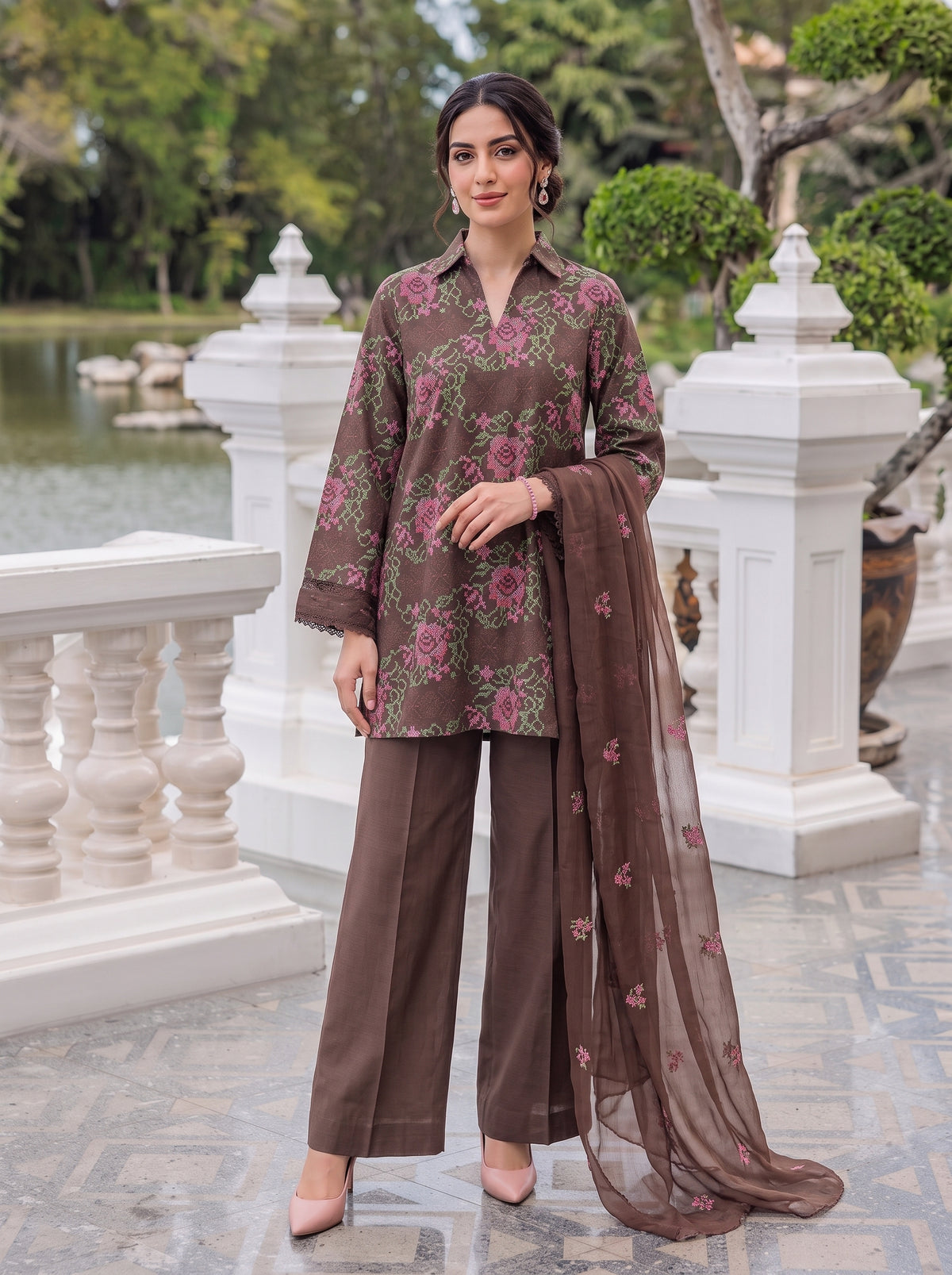Brown Abstract Floral Karandi 3Pc