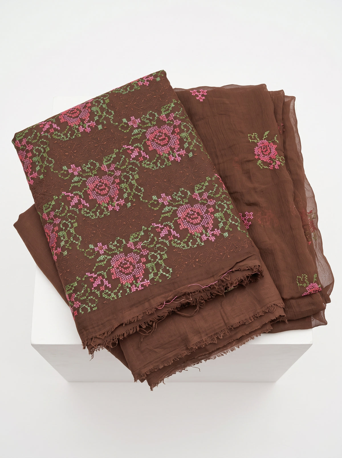 Brown Abstract Floral Karandi 3Pc