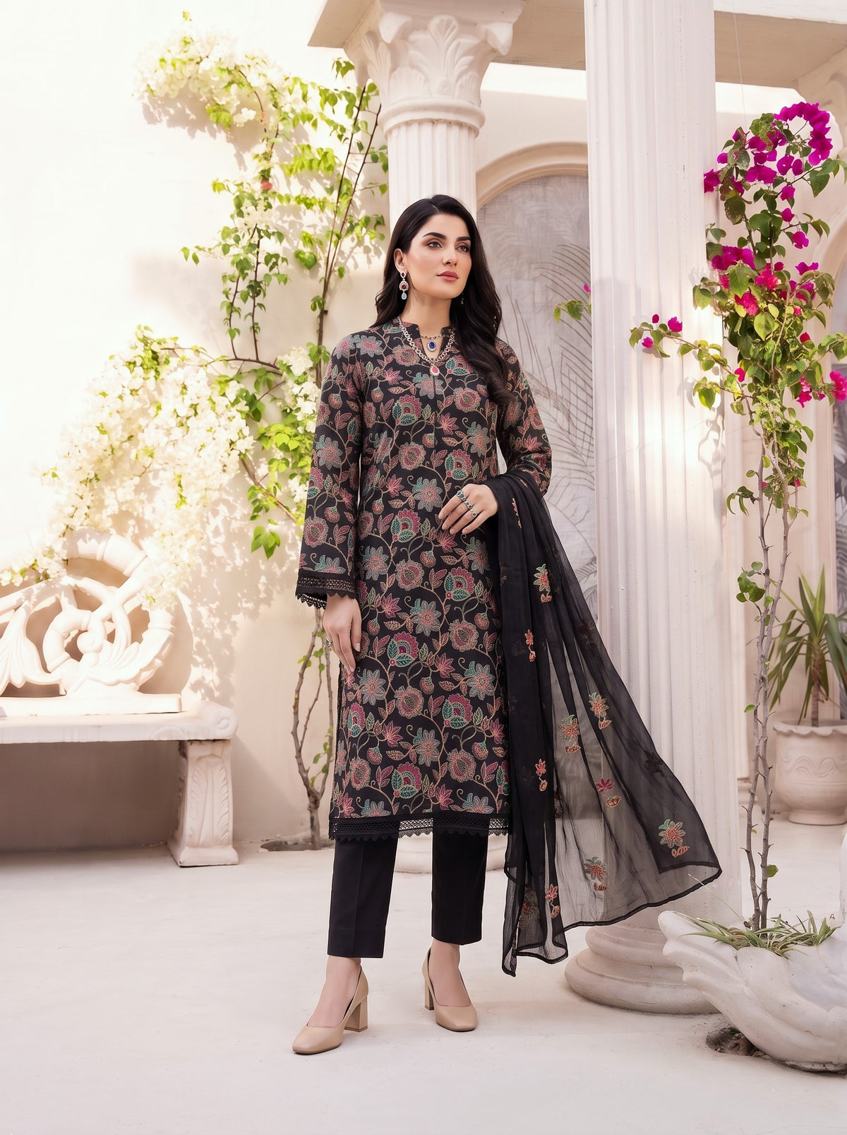 Bloom Floral Black Karandi