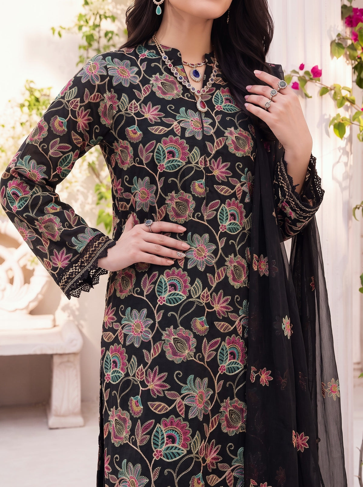 Bloom Floral Black Karandi