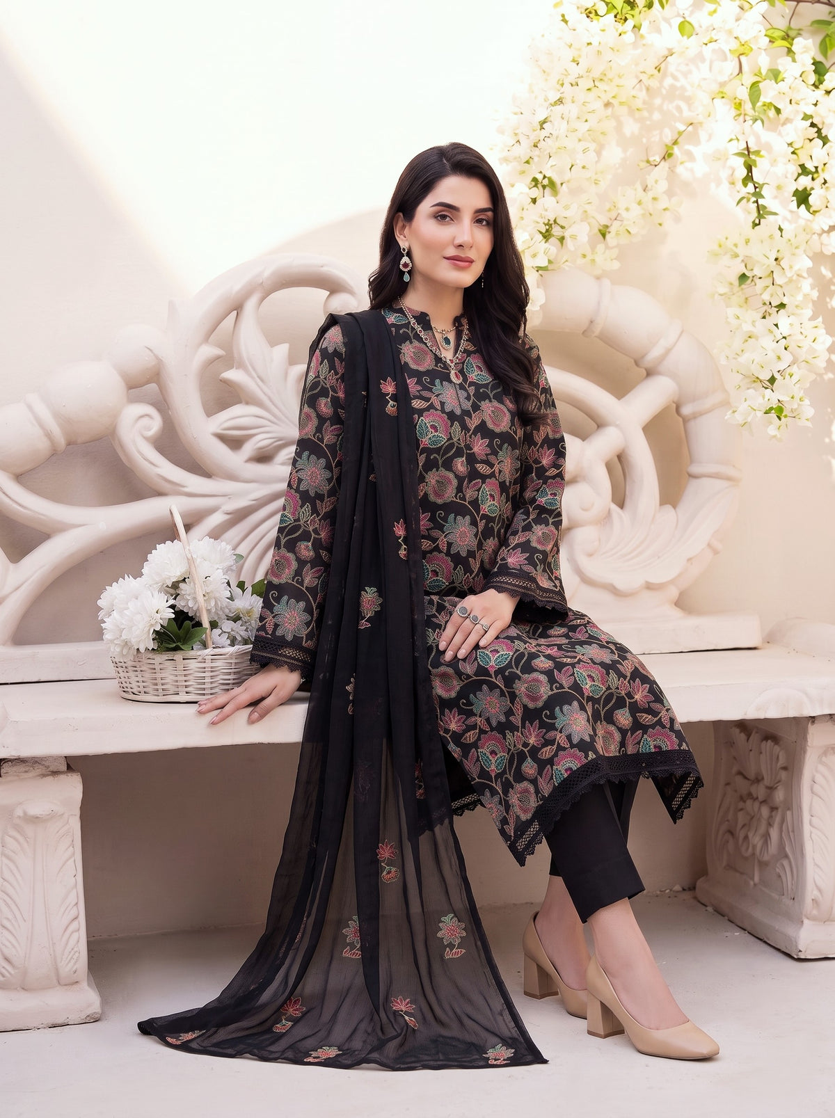 Bloom Floral Black Karandi