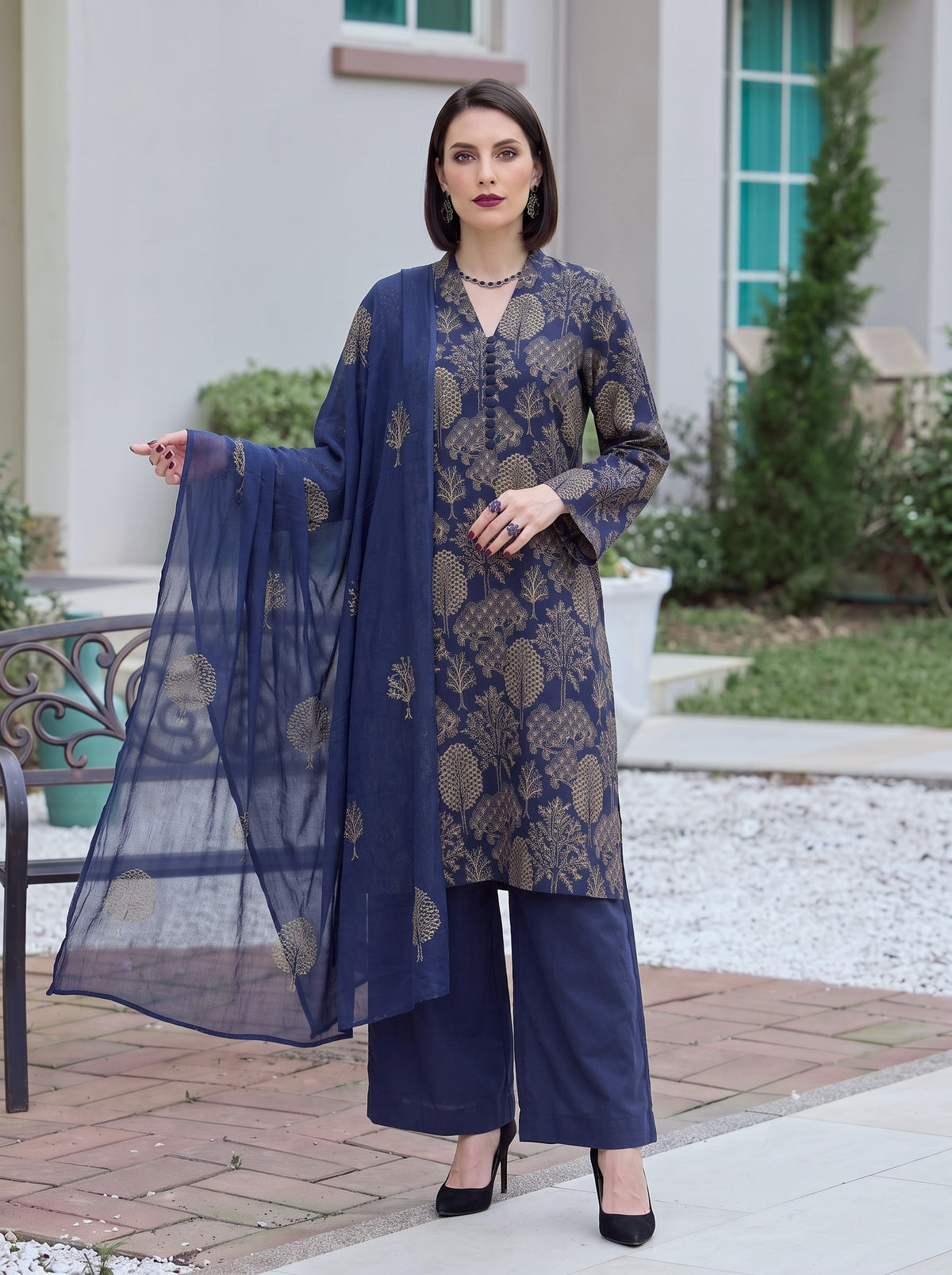 Blue Forest Embroidered Karandi
