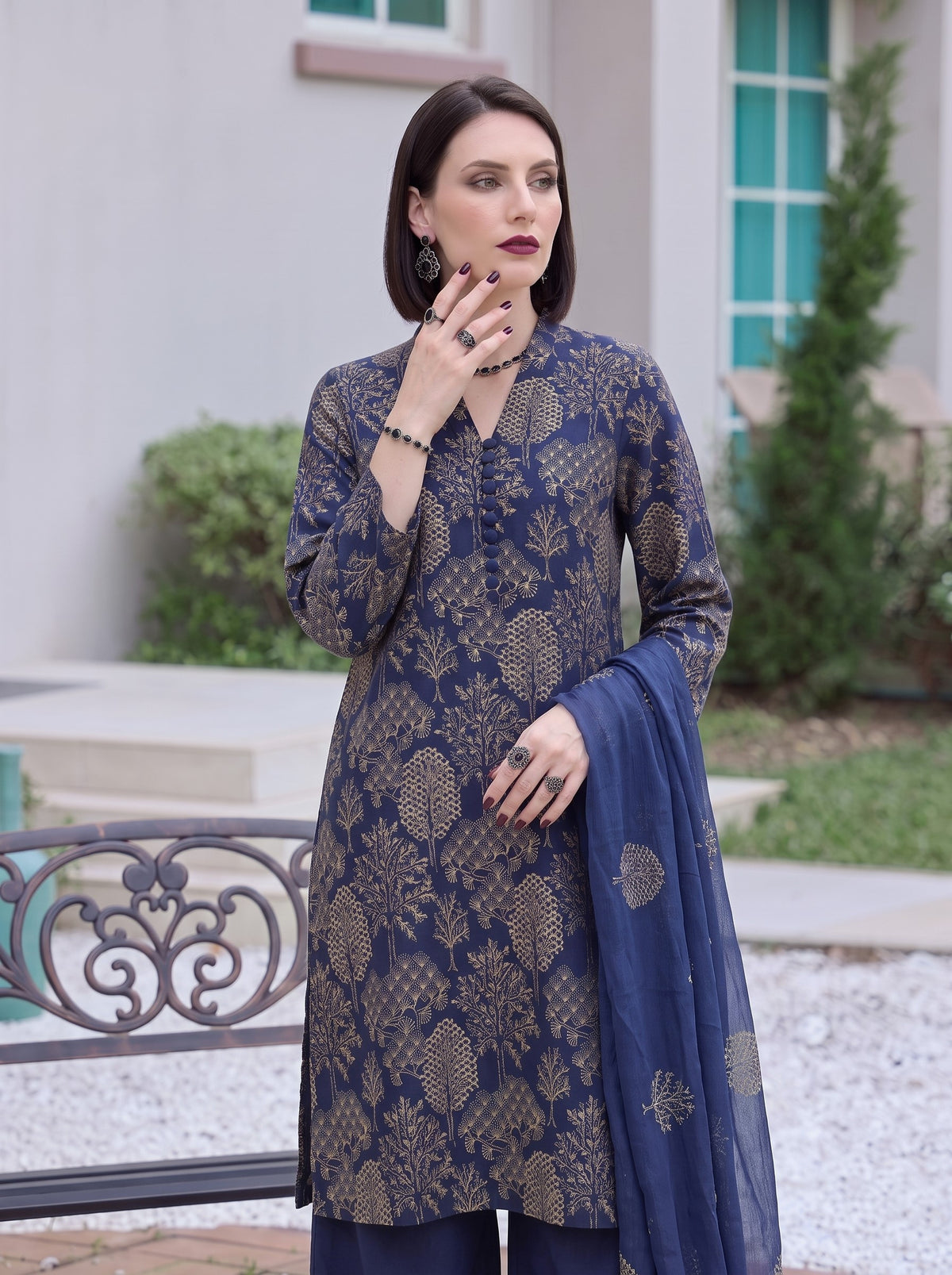 Blue Forest Embroidered Karandi