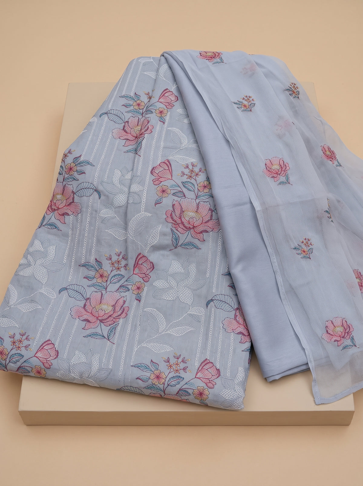 Ice-Blue Rose Embroidery Karandi
