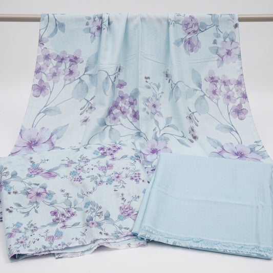Light Sky Blue Slub Karandi - Chikankari