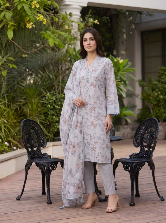 Pink Floral Grey Slub Karandi