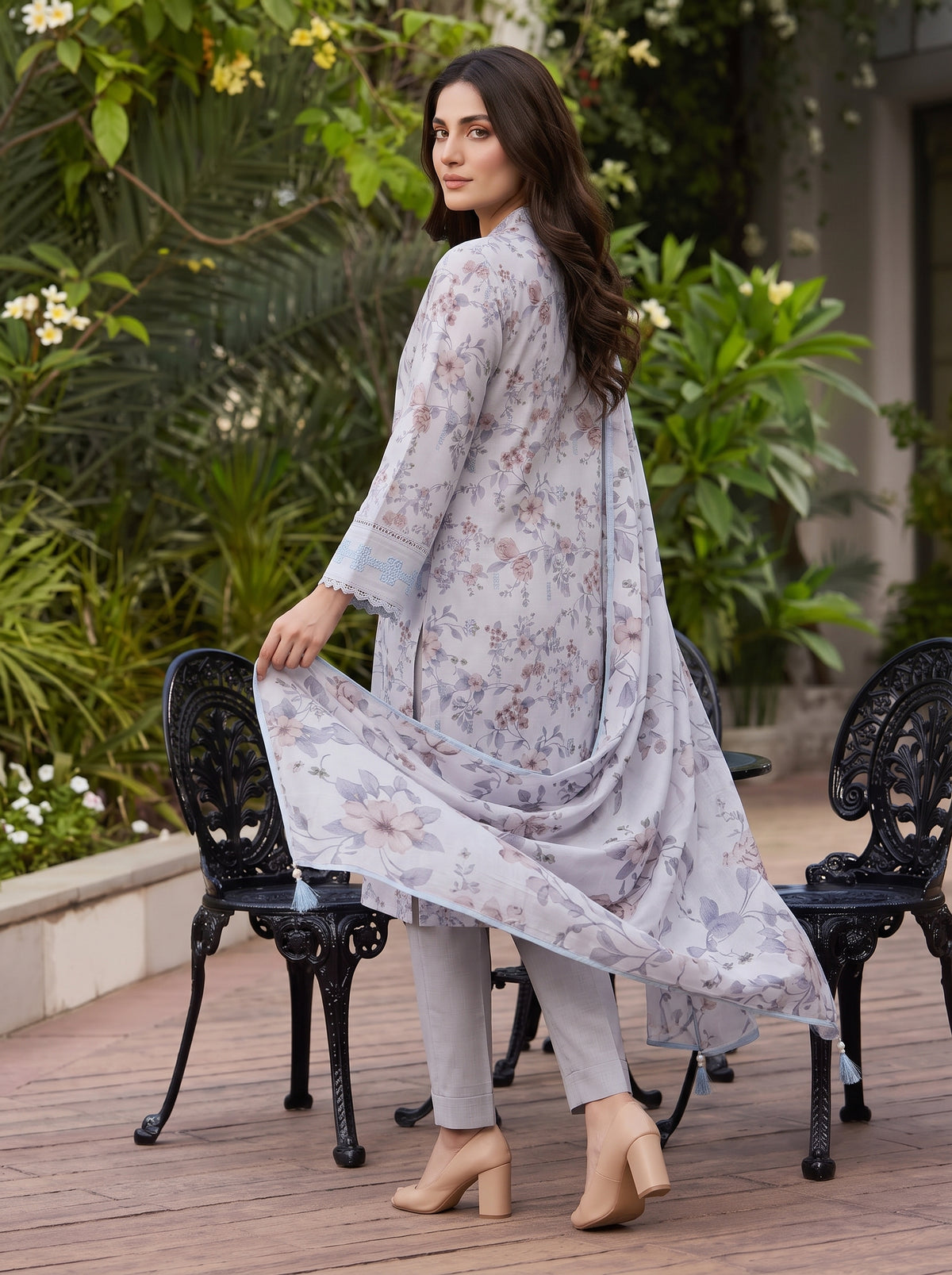 Pink Floral Grey Slub Karandi