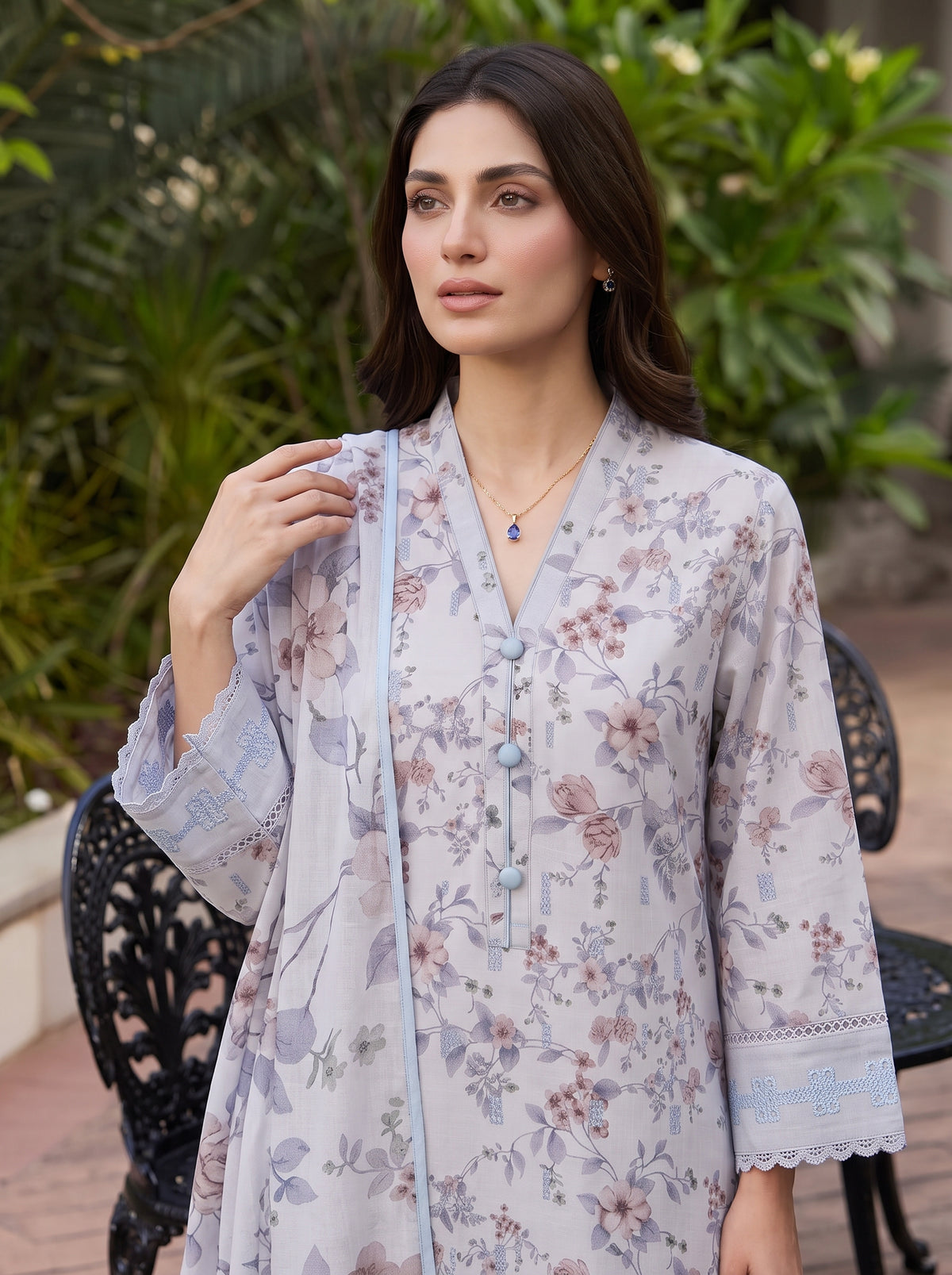 Pink Floral Grey Slub Karandi