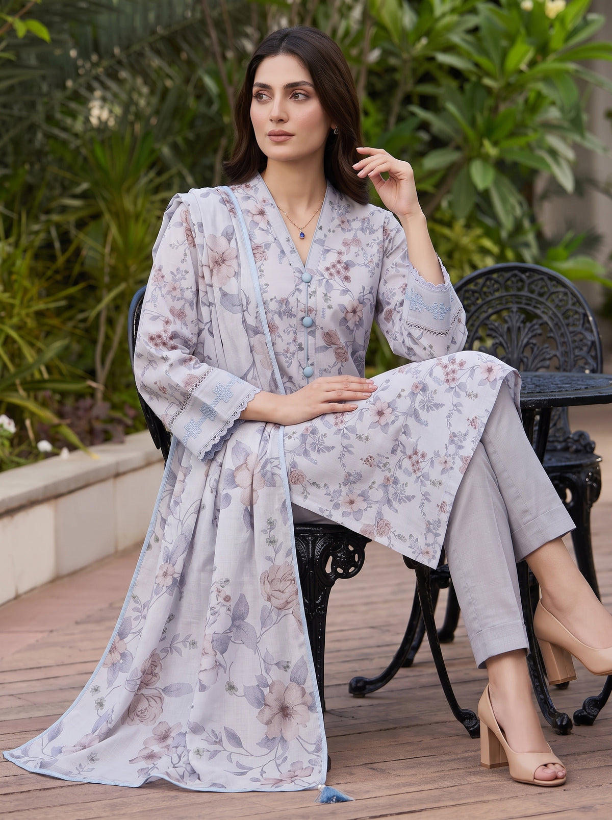 Pink Floral Grey Slub Karandi