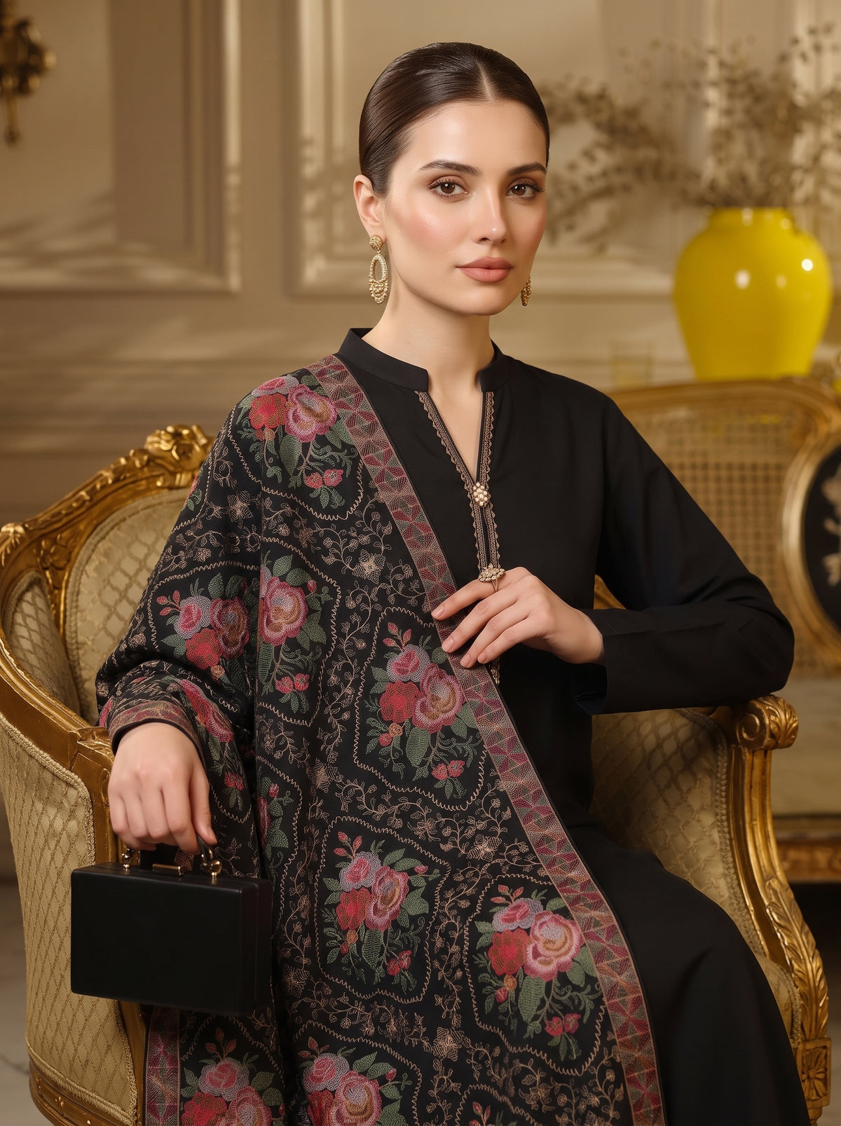 Floral Black Karandi Shawl