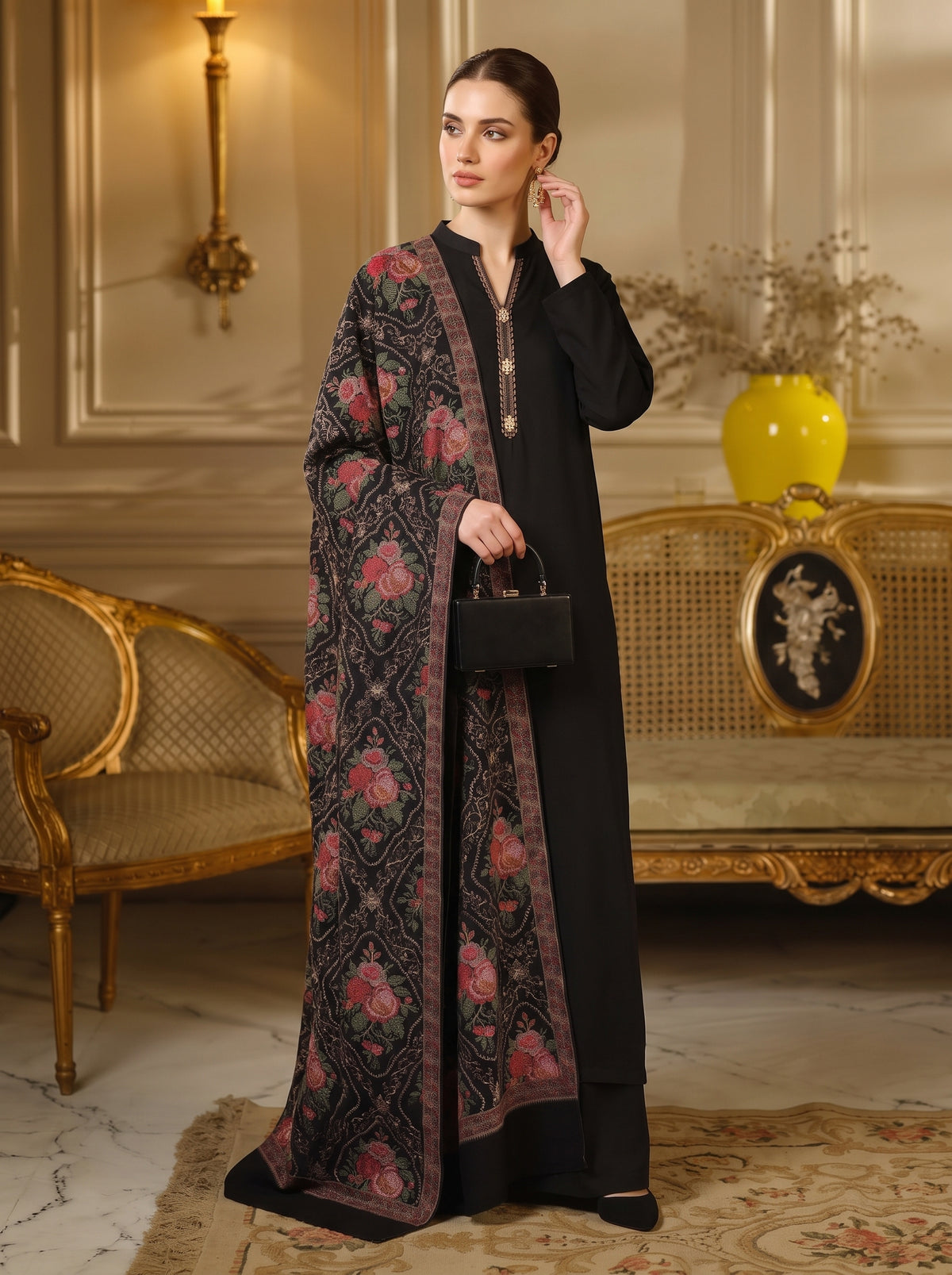 Floral Black Karandi Shawl