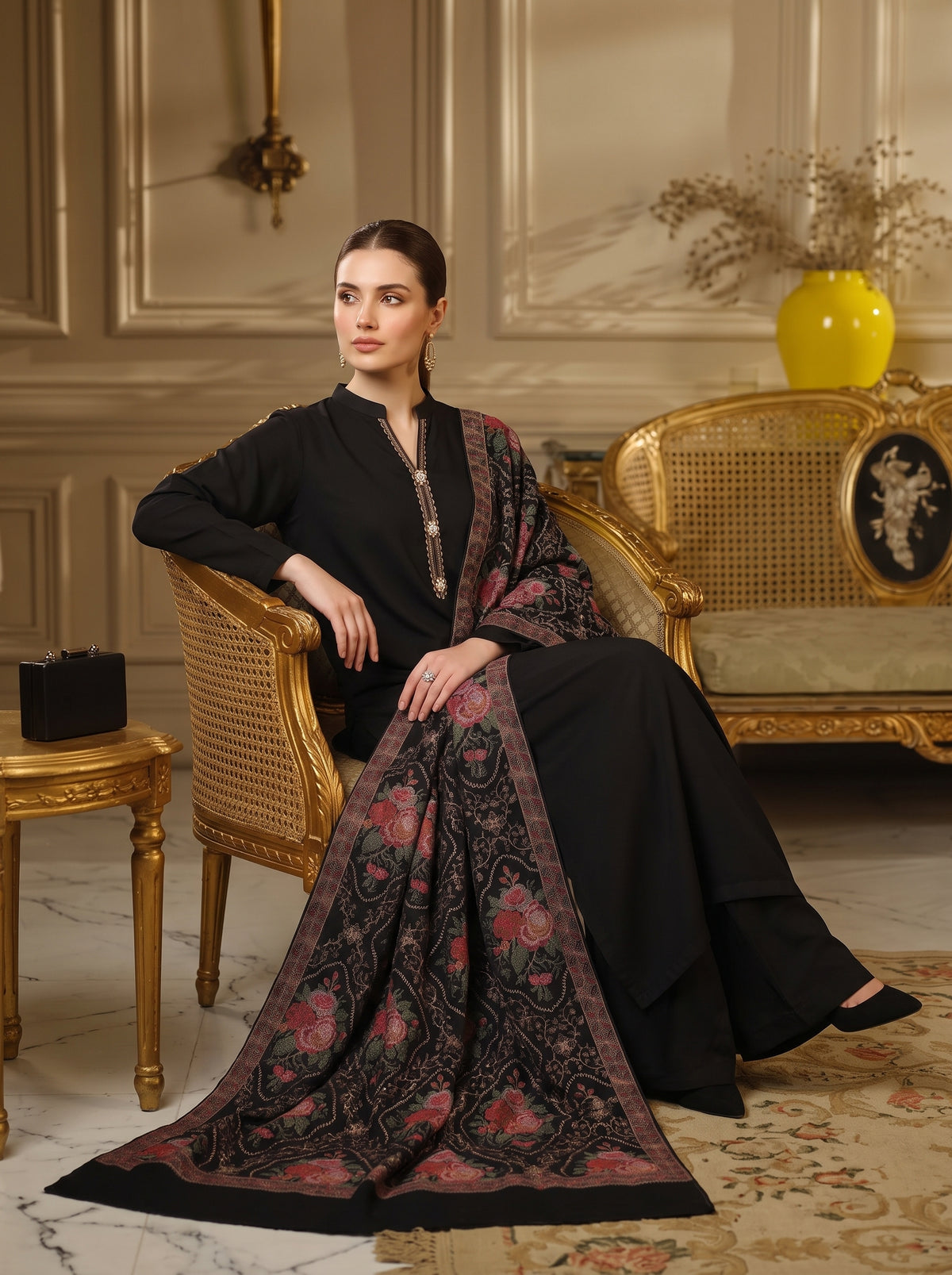 Floral Black Karandi Shawl