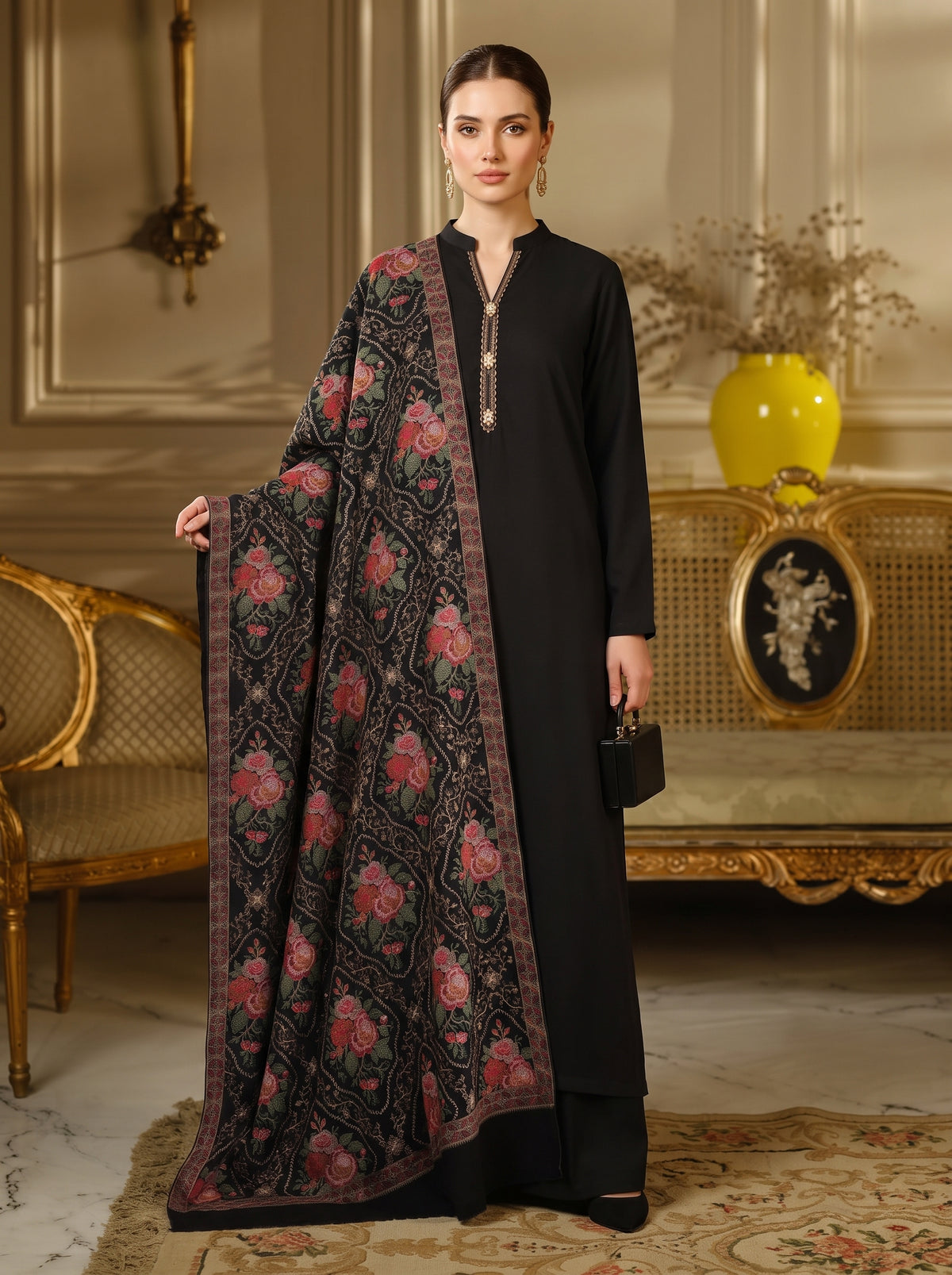 Floral Black Karandi Shawl