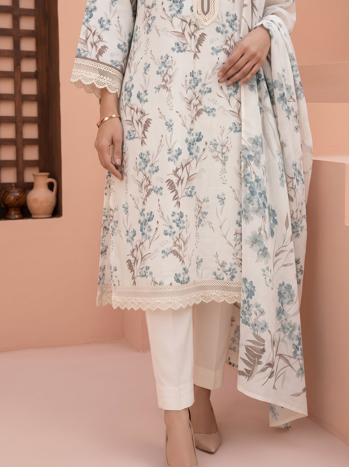 Ivory Printed Slub Karandi