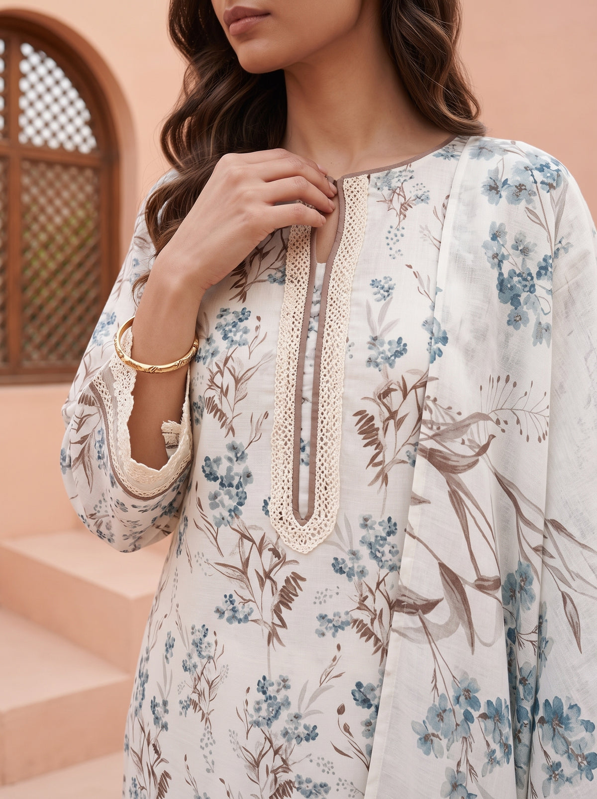 Ivory Printed Slub Karandi