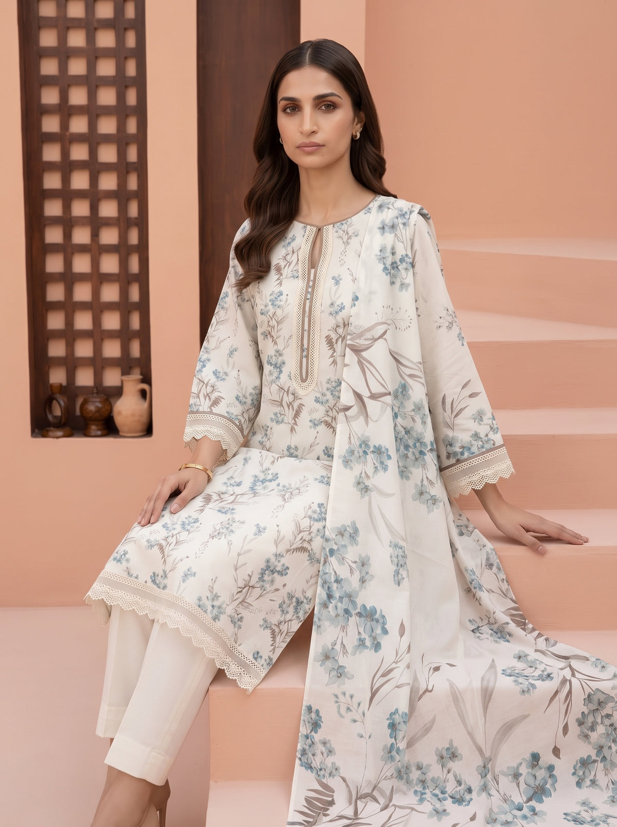 Ivory Printed Slub Karandi