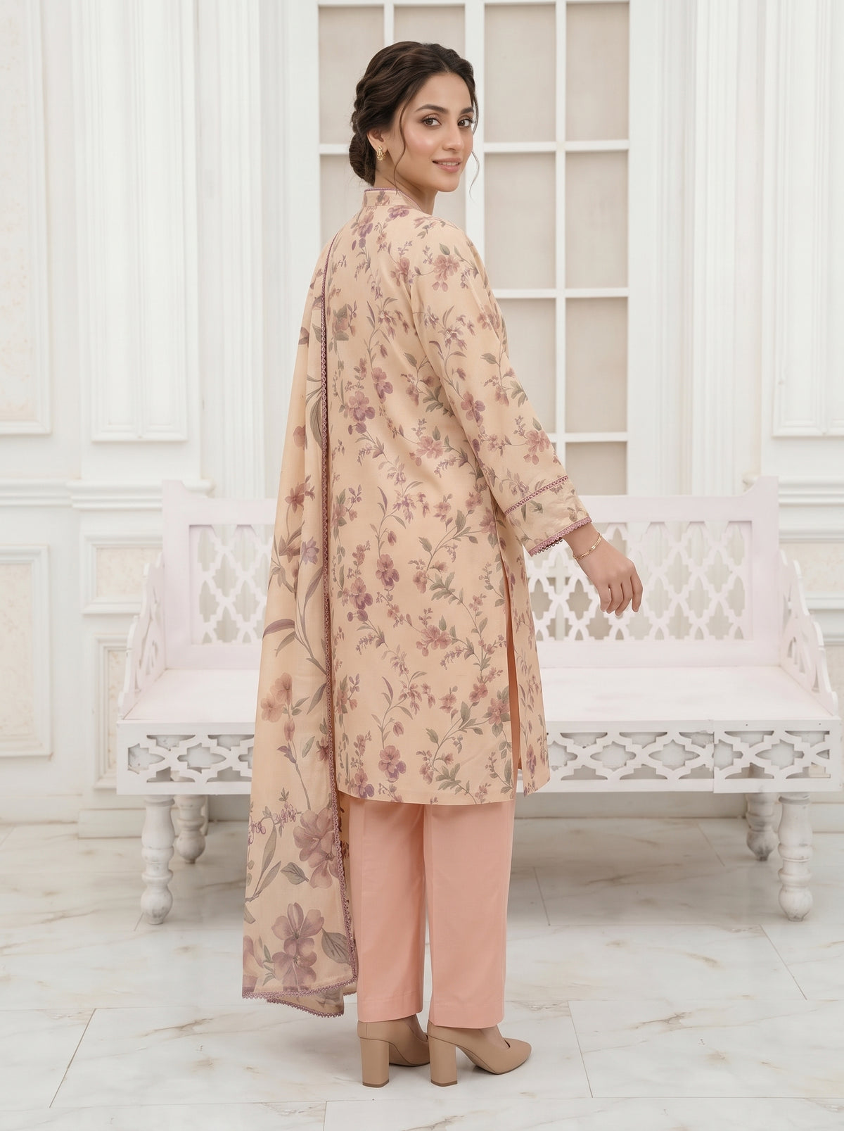 Floral Peach Slub Karandi