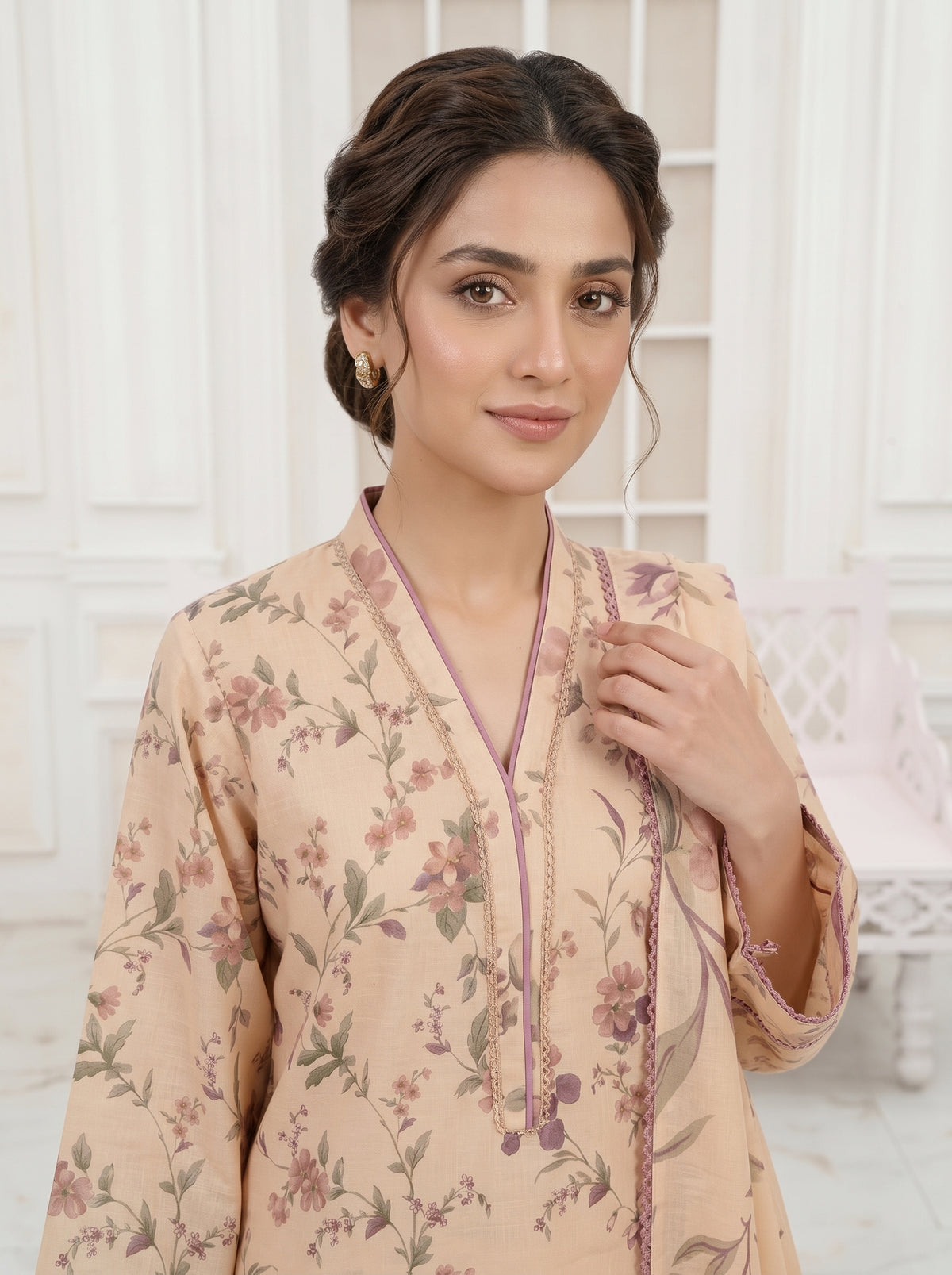 Floral Peach Slub Karandi