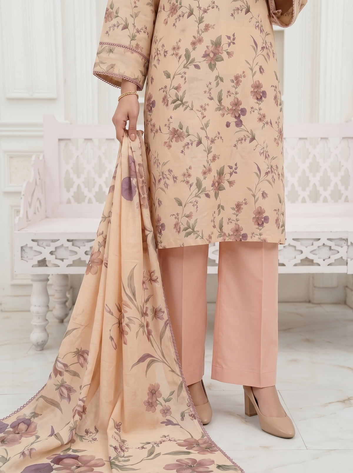 Floral Peach Slub Karandi