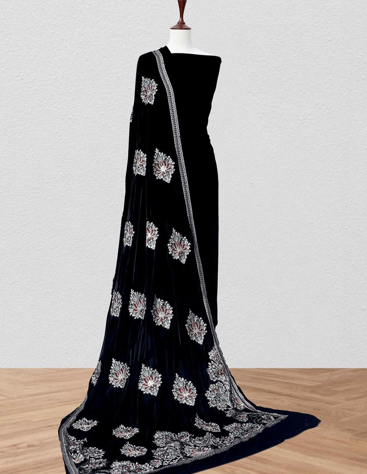 Silver Motifs Black Velvet Shawl
