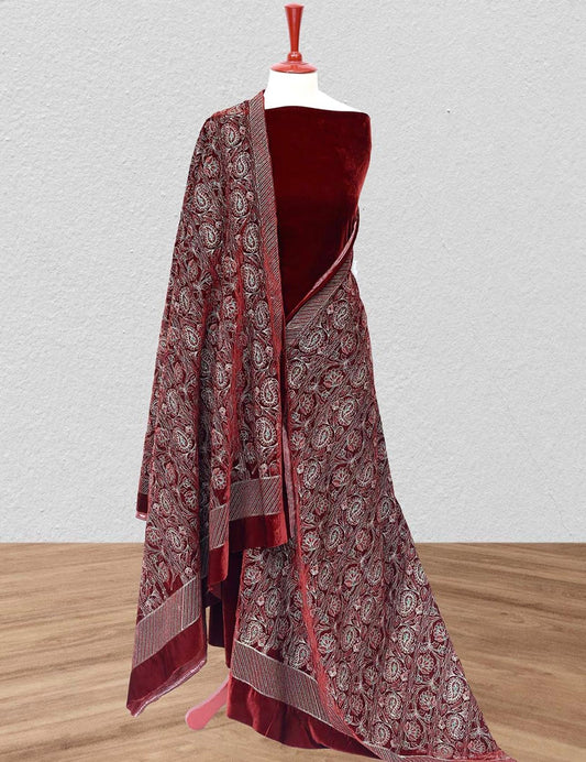 Floral Maroon Velvet Shawl