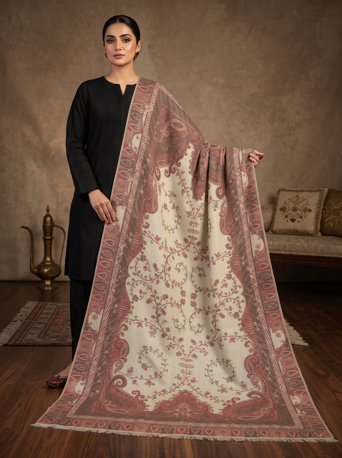 Creamy Floral Kaani Wool Shawl