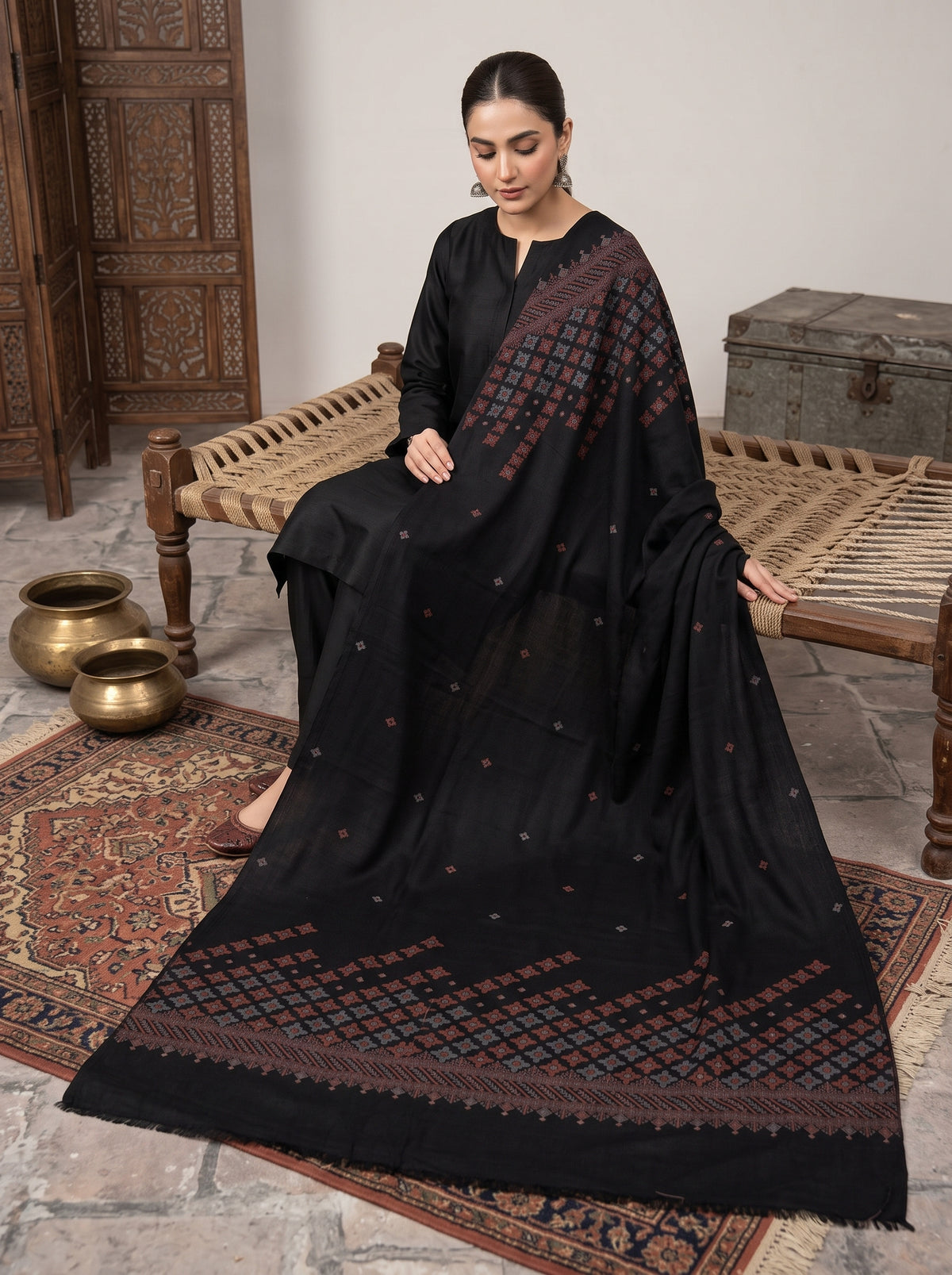 Black Abstract Kaani Wool Shawl