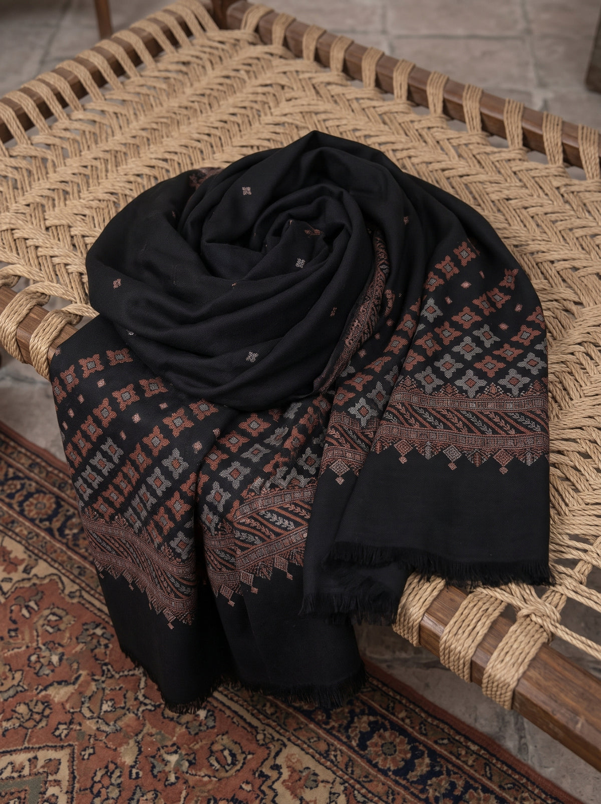 Black Abstract Kaani Wool Shawl