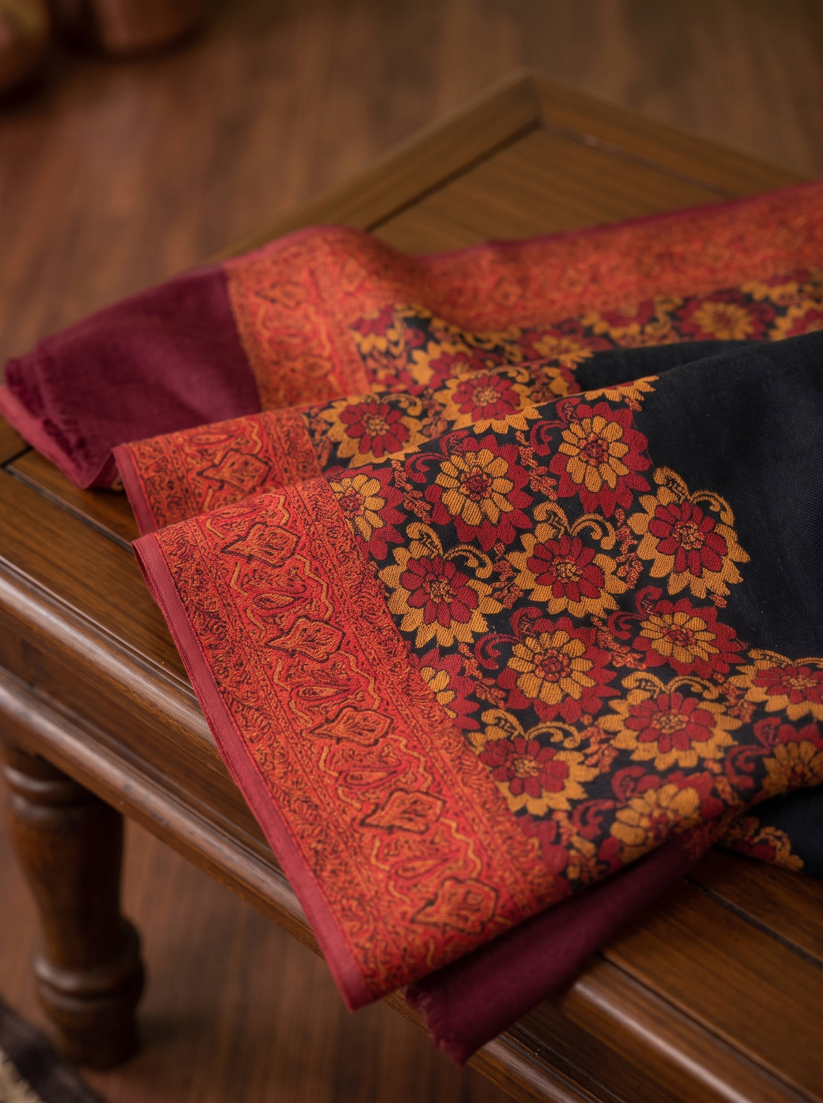 M&M-Black Floral Kaani Wool Shawl