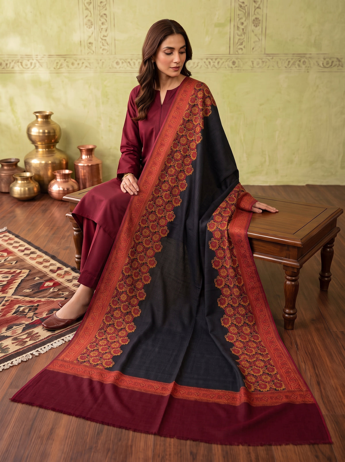 M&M-Black Floral Kaani Wool Shawl