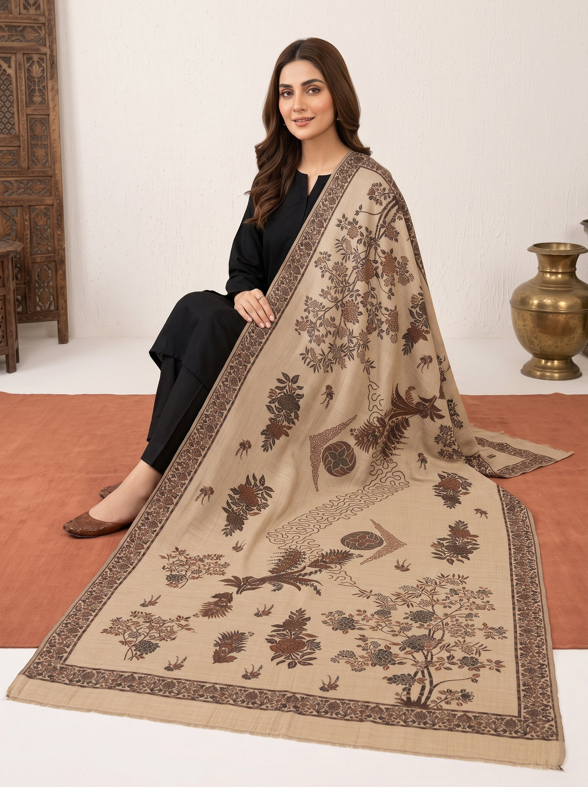 Brown Floral Kaani Wool Shawl