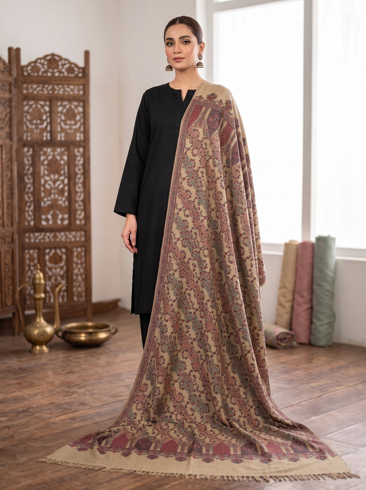 Beige Wavy Kaani Wool Shawl