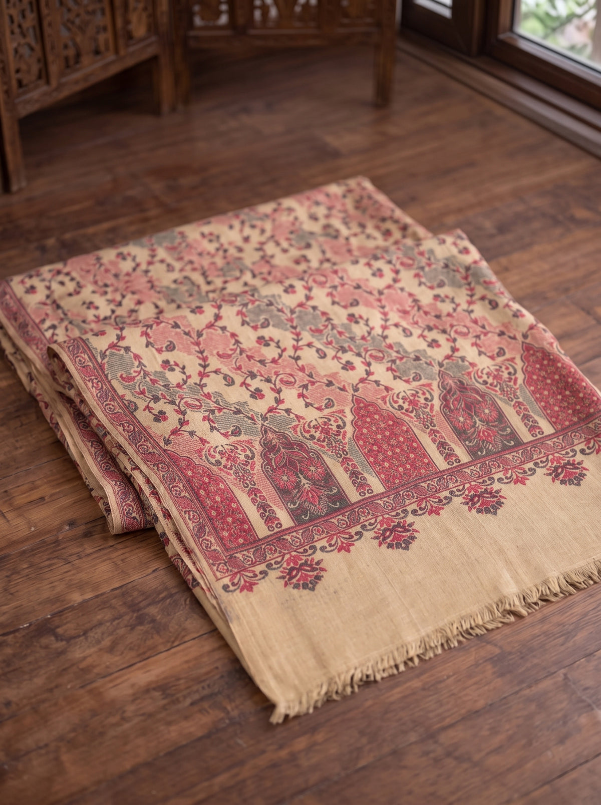 Beige Wavy Kaani Wool Shawl