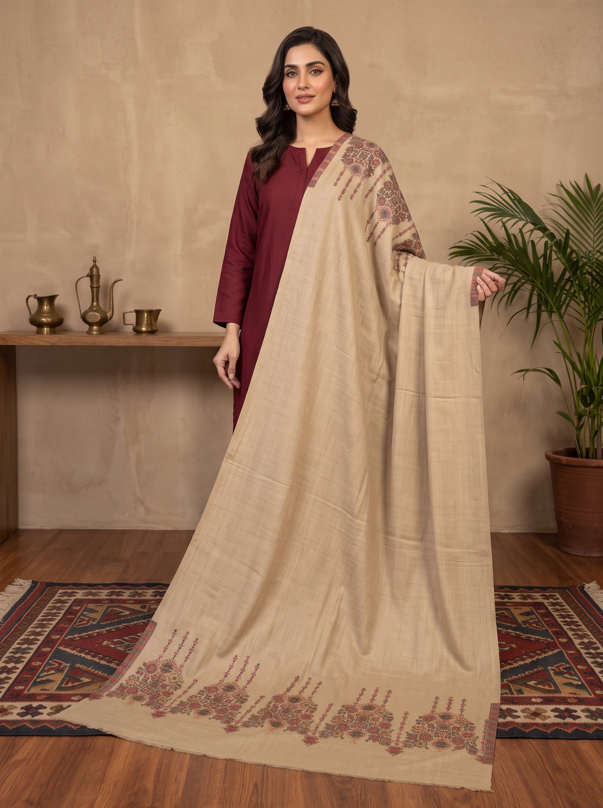 Beige Abstract Kaani Wool Shawl