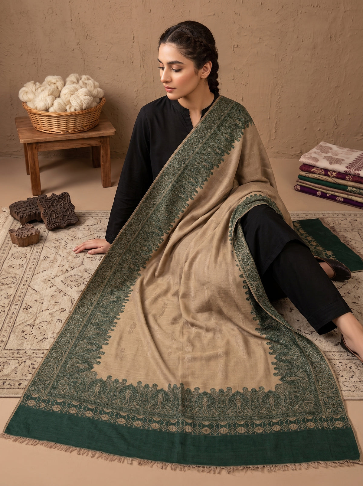 Green & Beige Jacquard Wool Shawl
