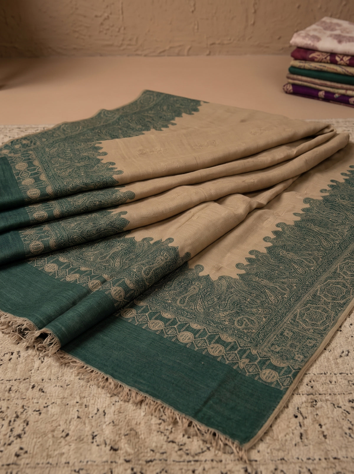 Green & Beige Jacquard Wool Shawl